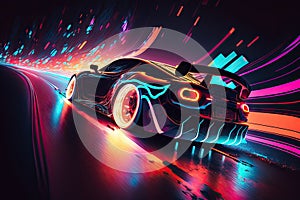 Lights of cars withnight. Speeding Sports Car On Neon. ai generative