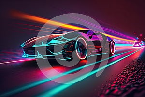 Lights of cars withnight. Speeding Sports Car On Neon. ai generative