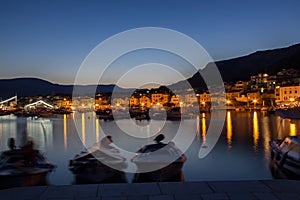 Lights on city Baska,with sea and ships, long exposure, Croatia