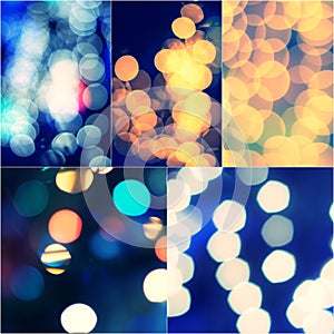 Lights Decoration Blue and Yellow Blurred Event Festival outdoor Vintage toned Bokeh Collage set of Colorized images