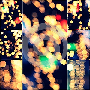 Lights Decoration Yellow Blurred Event Festival outdoor Vintage toned Bokeh Collage set of Colorized images