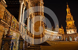 The lights illuminate the great beauties of Plaza de espagna in the heart of Andalusia in Seville