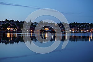 Lights of Lunenburg, Nova Scotia waterfront in the evening