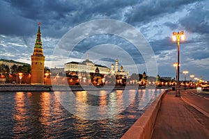 Lights of Moscow Kremlin Against Cloudy Sky in Spring Twilight