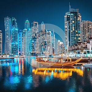 Lights of the night city in the Dubai Marina district. Stylized ancient Arabic ship Abra Dhow with lights in the