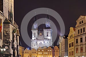 Lights of night in Prague. Landmark attraction: the Gothic Church of Our Lady before Tyn and the Astronomical Clock