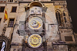 Lights of night in Prague. Landmark attraction: The Medieval Astronomical Clock - Czech Republic