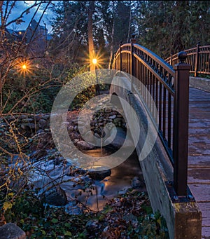 Lights reflected on stream through Lithia Park in Ashland, Oregon photo