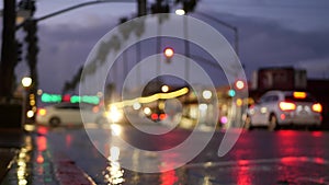 Lights reflection on road in rainy weather. Palm trees and rainfall, California.