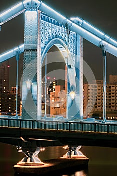 Lights on Self-Anchored Suspension Bridge over River