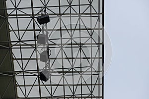 lights and speakers of sport stadium, Soccer football stadium roof