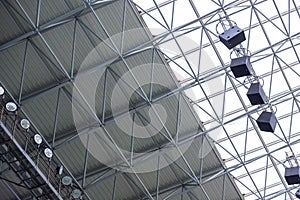 lights and speakers of sport stadium, Soccer football stadium roof