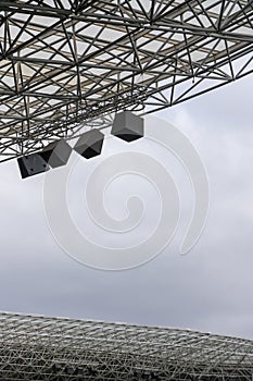 lights and speakers of sport stadium, Soccer football stadium roof
