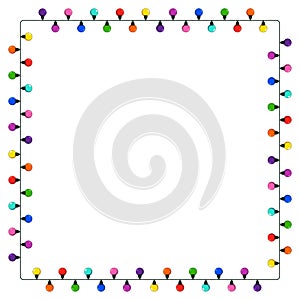 Lights string square frame with copy space. Garland festive border for christmas card or banner. Vector colorful design element