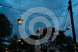 Lights strung across lampposts at blue hour at nighttime