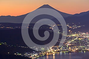 Lights of Suwa city and Mt.Fuji at dawn