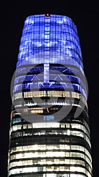 the lights on the top of the Salesforce building at night in San Francisco California