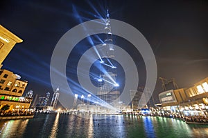 Lights and water fountains downtown Dubai, Burj Khalifa, UAE