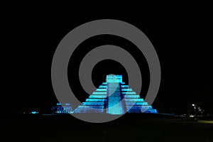 Lightshow on Mayan pyramid in Chichen-Itza, Mexico