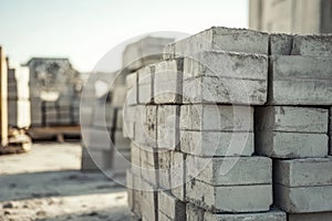 Lightweight concrete bricks stacked in outdoor warehouse