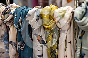 lightweight scarves with bird prints on a freestanding rack