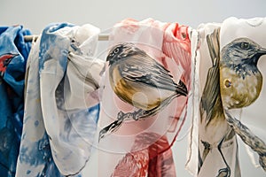 lightweight scarves with bird prints on a freestanding rack