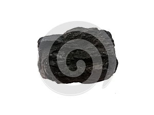 Lignite coal specimen on white background.