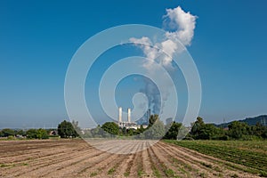 Lignite power plant for electricity generation - steam rises fro