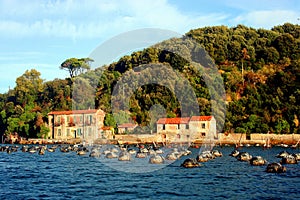 Liguria: floating fishing nets in the sea in front of the coast of Palmaria island with buildings and hill with trees