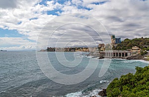 Ligurian coast under a cloudy sky in Genoa Sturla and Quarto dei Mille, Genoa, Italy