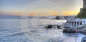 Ligurian coastline, Genoa, sunset panorama. Color image