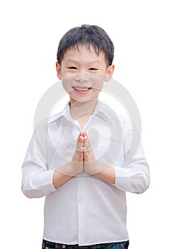 Liittle Asian boy welcome expression Sawasdee