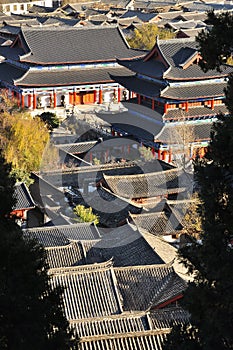 Lijiang old town roofs and Mu House. Yunnan, China