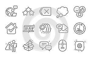 Like, 48 hours and Ranking stars icons set. Employees messenger, Cogwheel and Copyright laptop signs. Vector