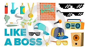 Like A Boss Icons Vector. Rapper, Gangster, Cool Singer. Isolated Flat Cartoon Illustration