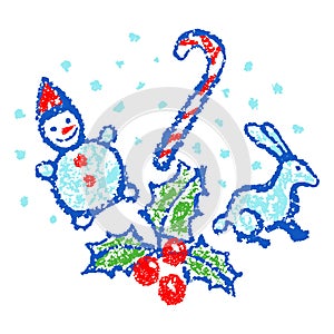 Like child hand drawing christmas set. Snowman, candy, rabbit, bunny, snow cartoon clip art.