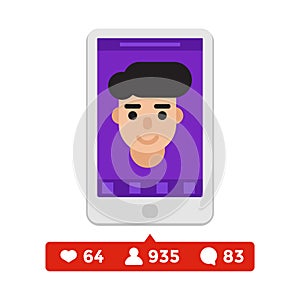 Like, comment and follower icons with mobile application. Counter notification. Icon for social network, internet, web photo