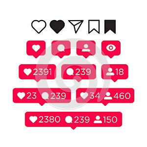Like, comment, follower and notification Icons set. Social Media concept for interface. Vector illustration isolated on white