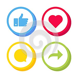 Like, comment and share blue, red, yellow and green icon set on a white background. Four modern 3D flat style. Vector