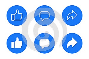 Like, comment, and share icon vector in flat style. Social media thumb up, speech bubble, and repost arrow sign symbol