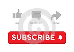 Like, Comment, Share, and Red Subscribe Button Vector Illustration. Icon Set for Channel