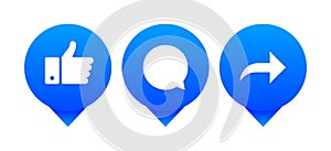 Like, Comment and Share sign for social networks. Thumb up, message bubble and arrow to share. Circle icon isolated on