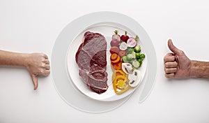 Like and dislike gestures with vegetal and meat protein sources photo