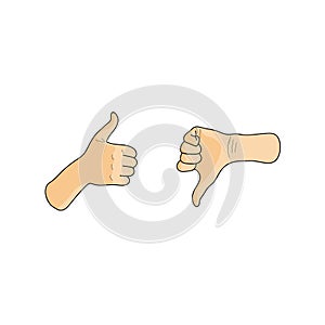 Like and dislike hands, thumbs up and down. Cartoon vector illustration