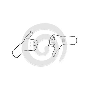 Like and dislike hands, thumbs up and down. Line drawing. Cartoon vector illustration