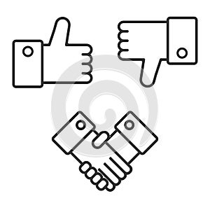 Like and dislike. Social media thumb. Handshake icon, agreement, for business