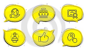 Like, Employees group and Brand ambassador icons set. Select user sign. Thumbs up, Collaboration, Man speak. Vector