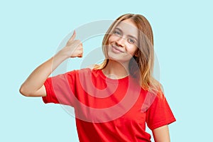 Like gesture approval sign cheerful woman thumb up