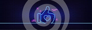 Like hand line icon. Thumbs up finger sign. Neon light glow effect. Vector