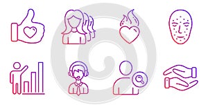 Like hand, Shipping support and Women headhunting icons set. Vector